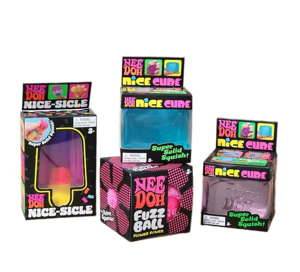Needoh Lot of 4 ~ Fuzz Ball, Nice-Sicle, Nice Cube, Authentic Nee Doh VIRAL